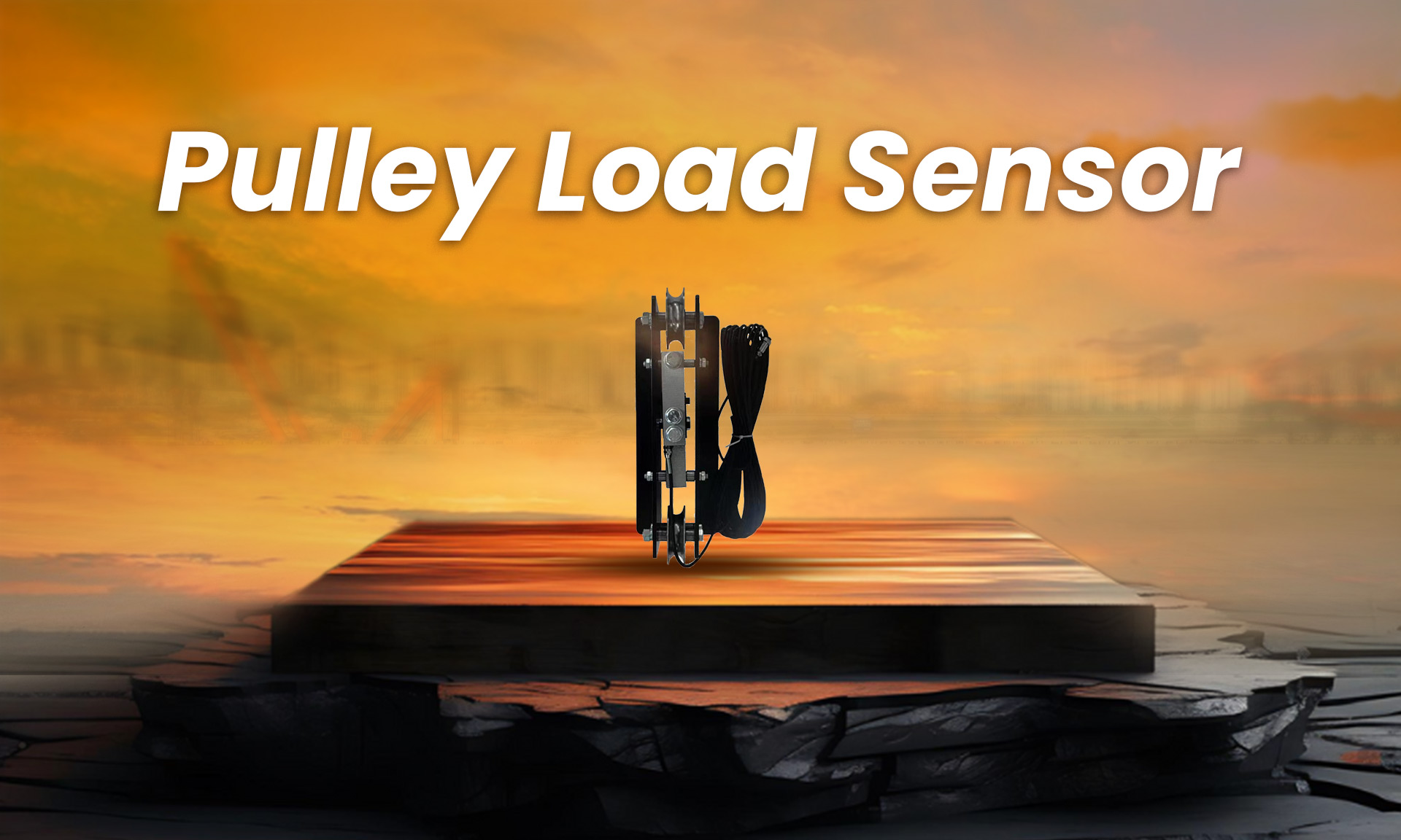 Boom truck equipped with a 3-pulley system and load sensor, lifting a heavy object with the boom extended, showing the pulleys guiding the cable and the sensor ensuring safe load monitoring.